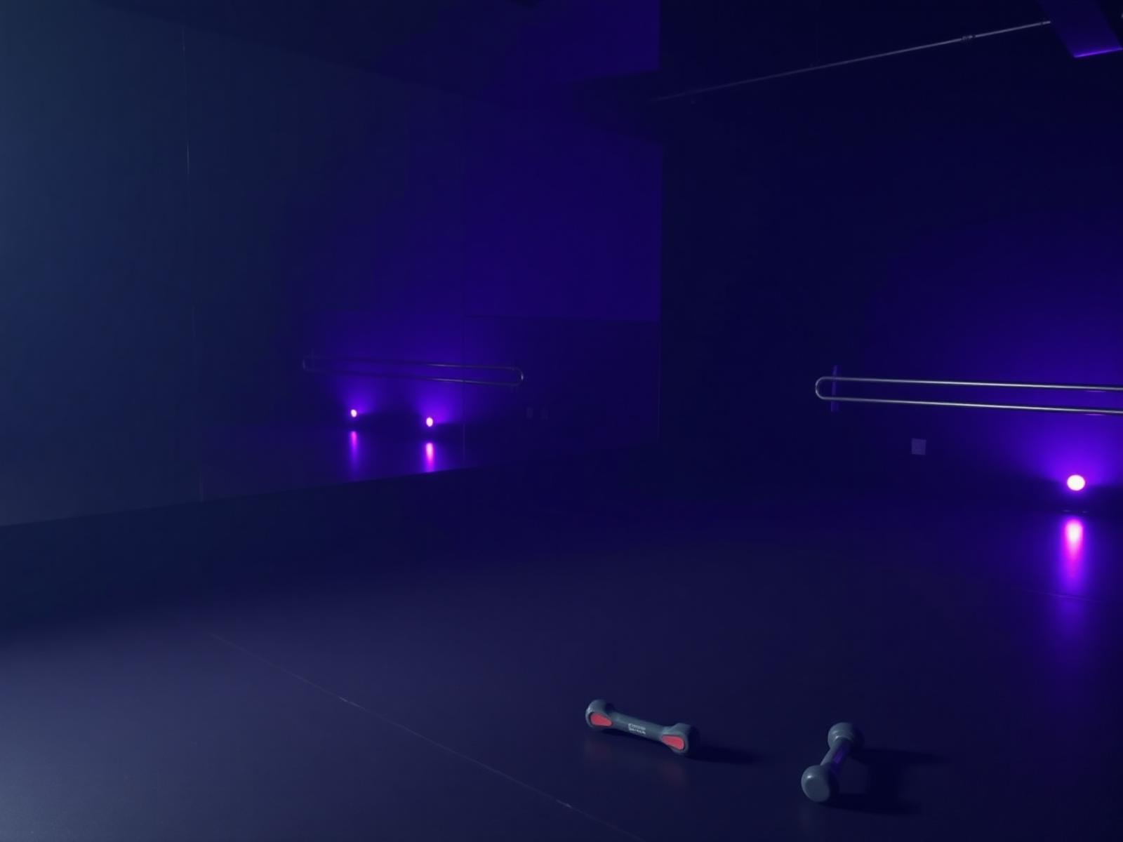 Mirrored dance studio with light hand weights on the floor under purple haze.