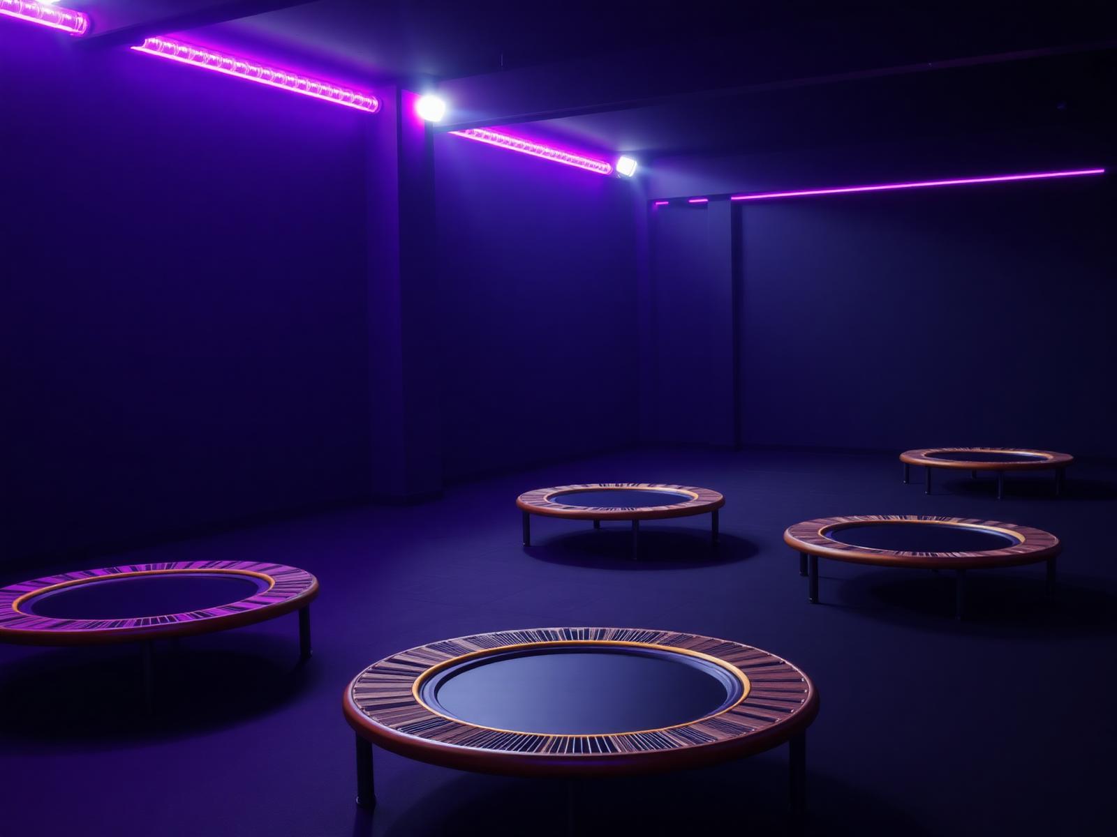 Round fitness rebounder trampolines arranged in a dark studio under purple lighting.