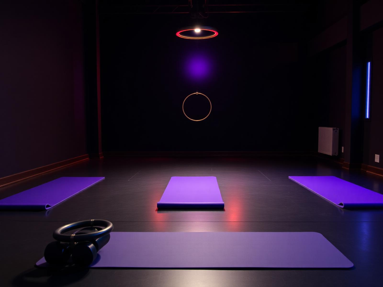 Pilates mats laid out in a dark studio with a magic circle and small weights.