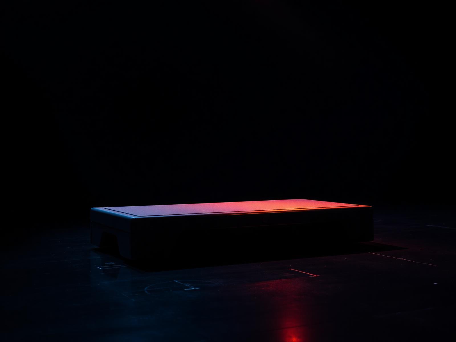 A classic aerobic step board lit by warm stage light on a dark studio floor.